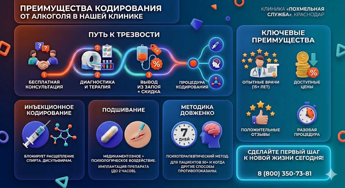 Инфографика о методах кодирования от алкоголя в Великих Луках: инъекции, подшивание, метод Довженко. Преимущества клиники и этапы лечения.